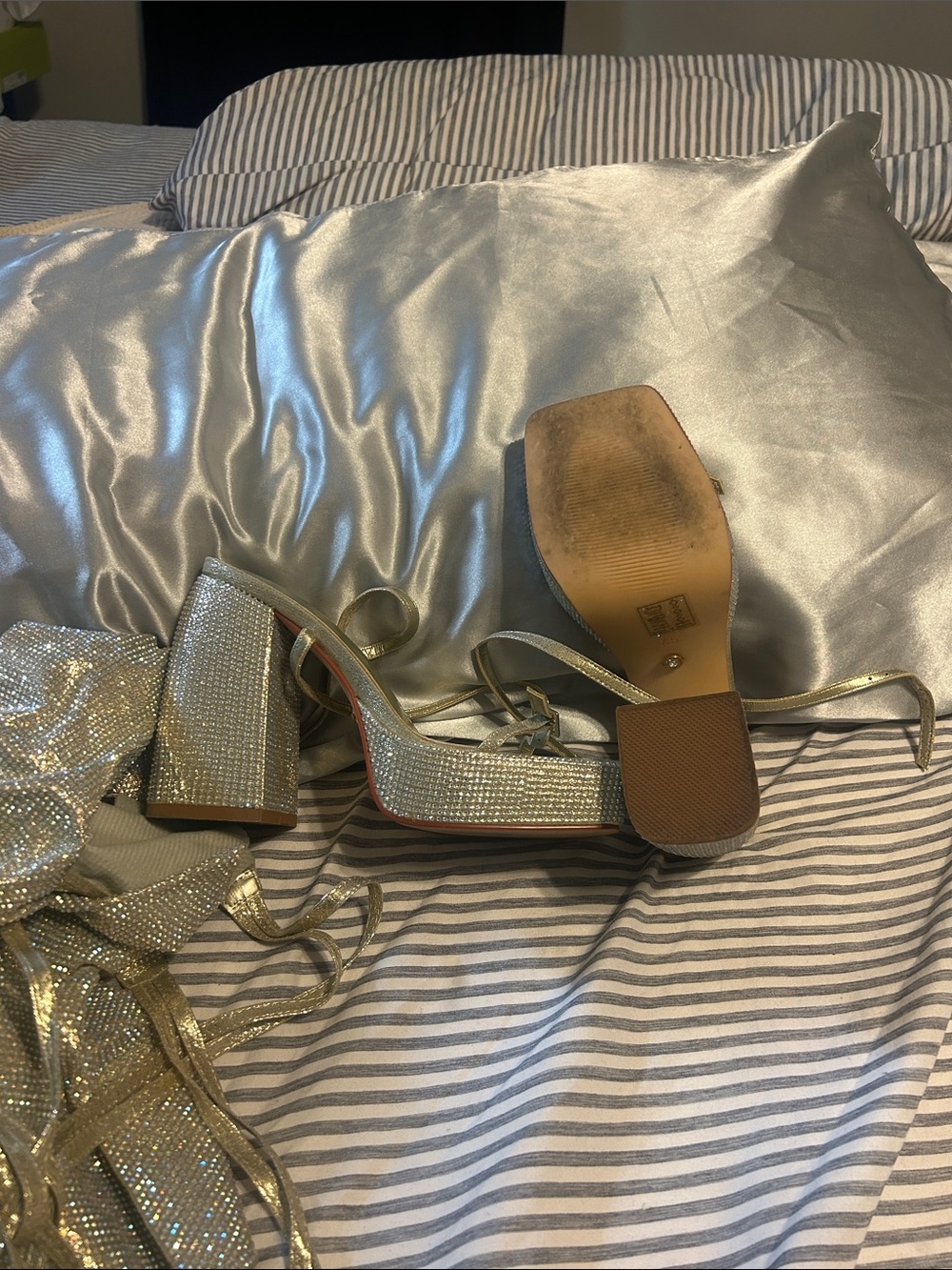 Gold Crystal Embellished Block Heel Sandals for Women